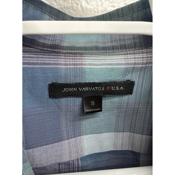 John Varvatos USA Shirt Blue Gray Plaid Cotton Short Sleeve Designer / Men's S - Picture 2 of 5